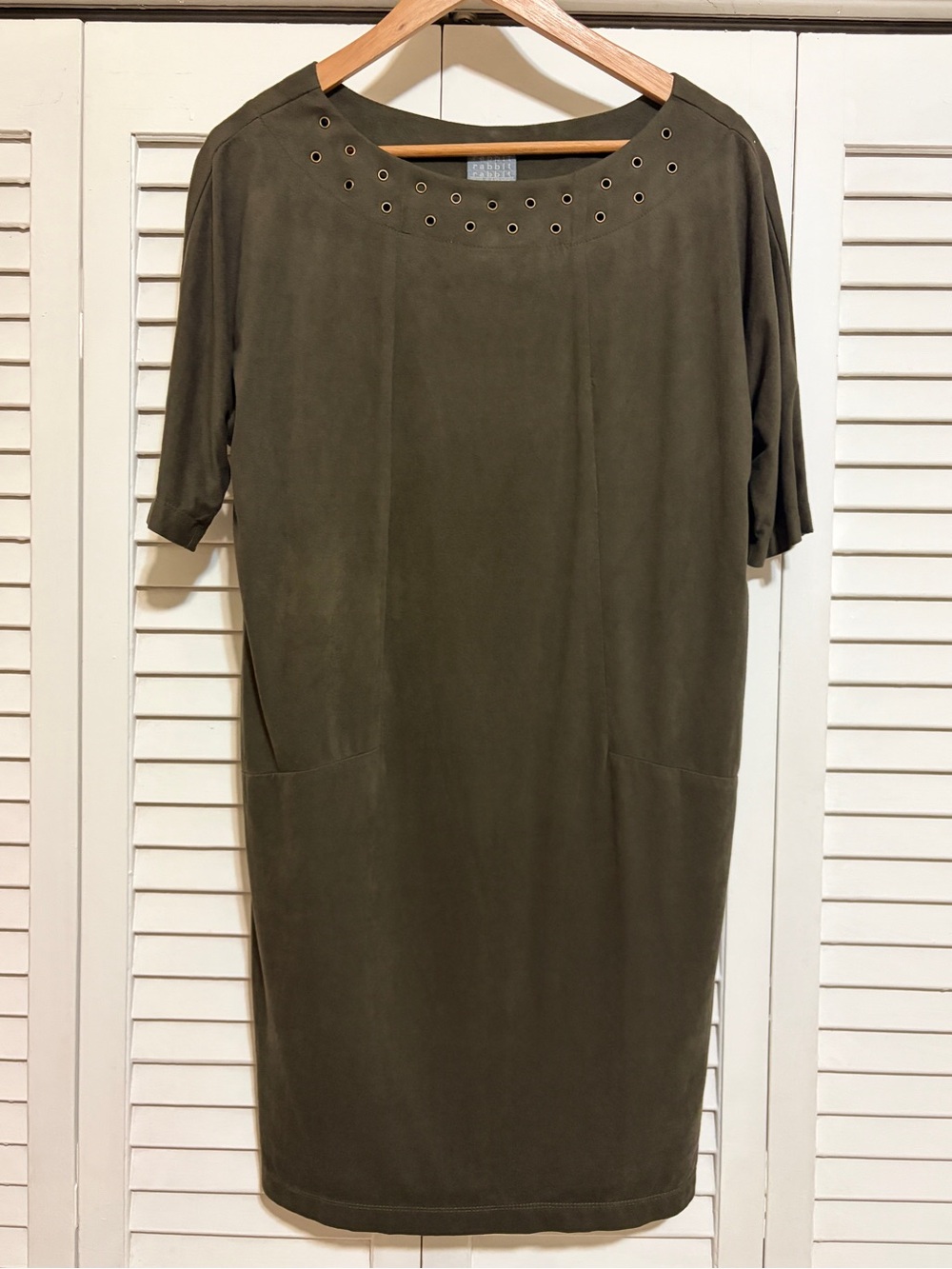 Rabbit Rabbit Rabbit Olive Midi Shift Dress with Eyelet Neck - Picture 2 of 7